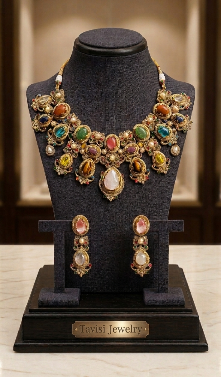 Tavisi Navaratna Royale moissanite necklace set with kundan work, pearls, multicolor navaratna stones and premium gold finish.