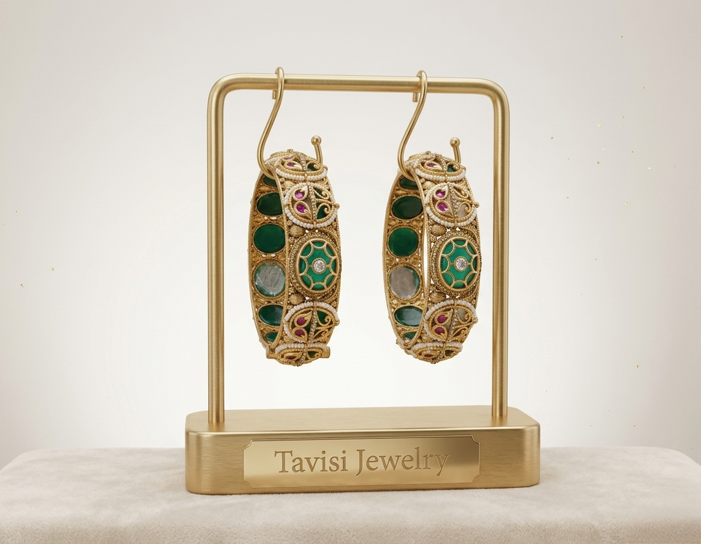 Front view of Tavisi Noor Mahal emerald Kundan gold plated openable bangles for women