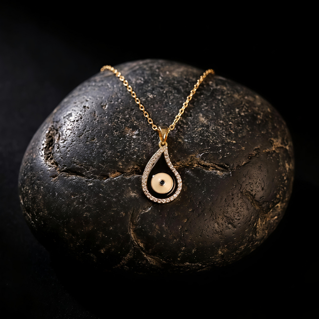 Close-up of Tavisi Nyra Evil Eye Pendant featuring anti tarnish waterproof stainless steel with elegant black and white design
