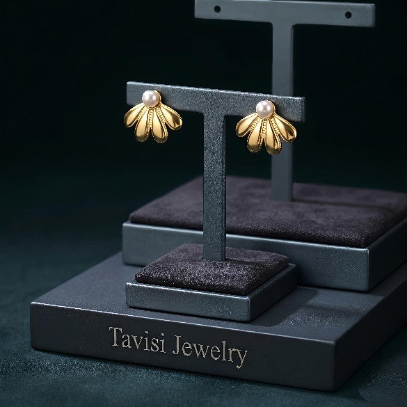 Tavisi pearl bloom gold stud earrings in 22K gold plated 316L surgical stainless steel for women
