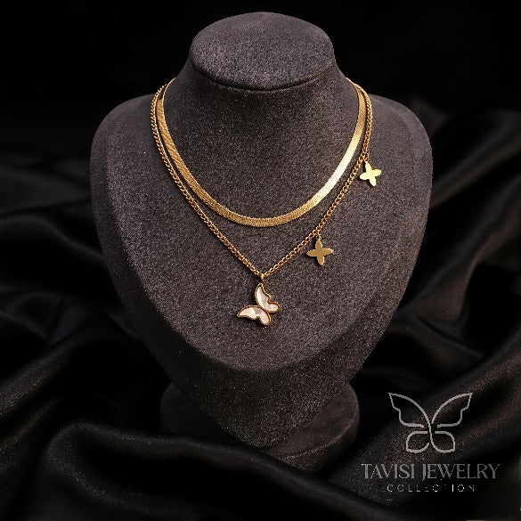 Tavisi pearl butterfly layered anti tarnish gold necklace for women