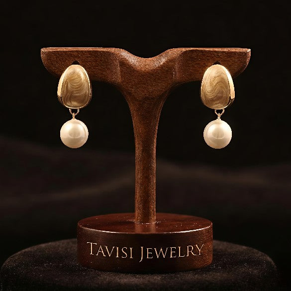 Tavisi pearl drop oval stud earrings with 22K gold plating and anti tarnish finish for women