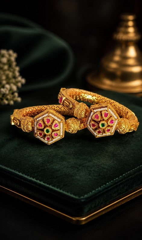 Tavisi Rajmohini Ruby Pearl Bangles Close Up View Featuring Premium AD Stones Ruby Detailing Pearl Work and 22K Gold Plated Brass Casting