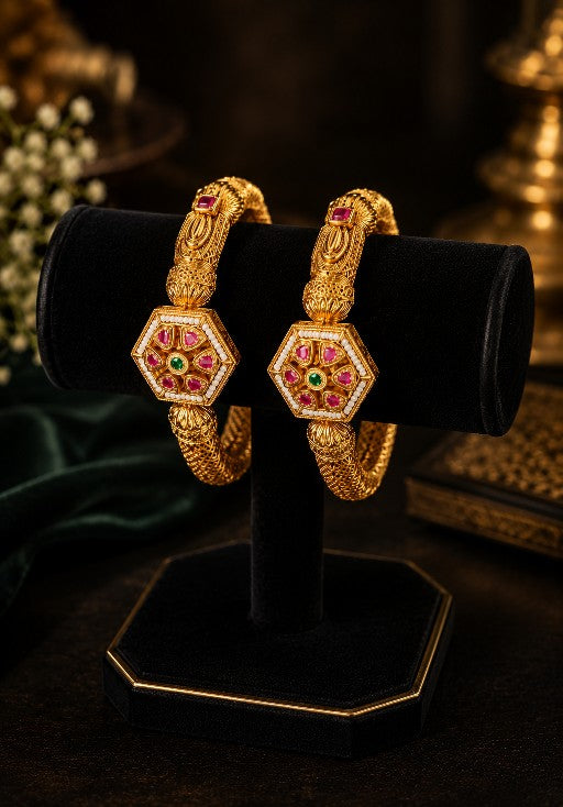 Tavisi Rajmohini Ruby Pearl AD American Diamond Bangles Size 2.6 with 22K Gold Plated Finish Premium Brass Casting Luxury Traditional Jewellery