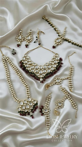 Tavisi Rajvi complete Kundan bridal jewellery set with choker long necklace earrings maang tikka and hathphool