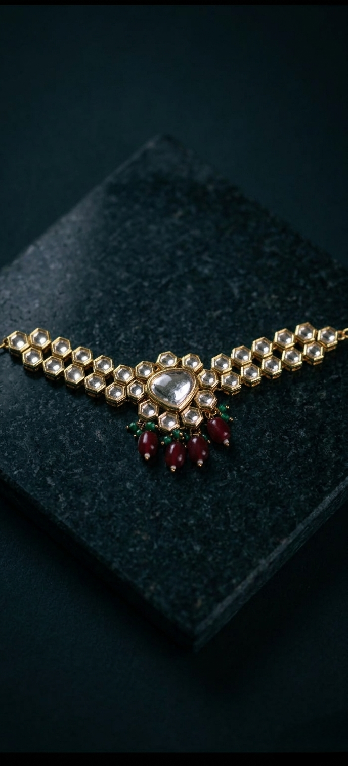 Tavisi Rajvi premium gold plated Kundan hathphool hand chain with ring attachment and traditional bridal stone design