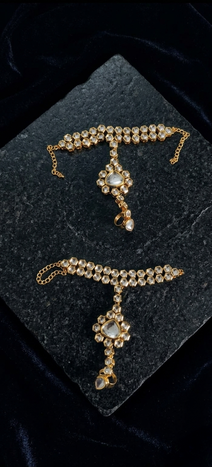 Tavisi Rajvi gold plated Kundan hathphool hand chain with ring attachment for luxury bridal styling