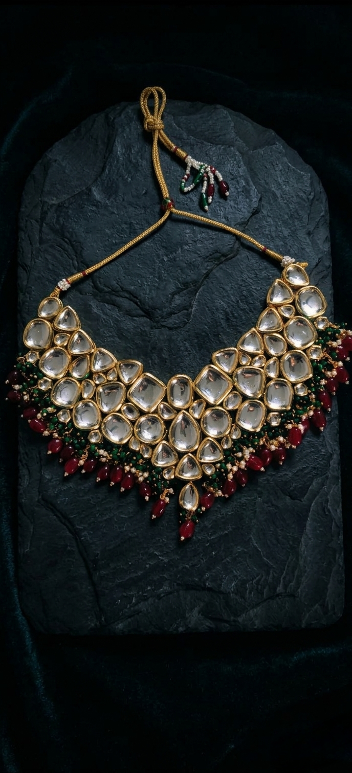Tavisi Rajvi premium gold plated Kundan choker necklace with traditional stone work for bridal and wedding wear
