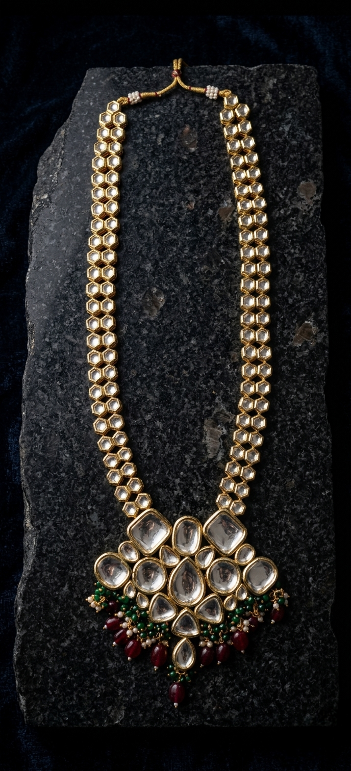 Tavisi Rajvi luxury Kundan long necklace with premium gold plated finish for bridal and festive jewellery collection