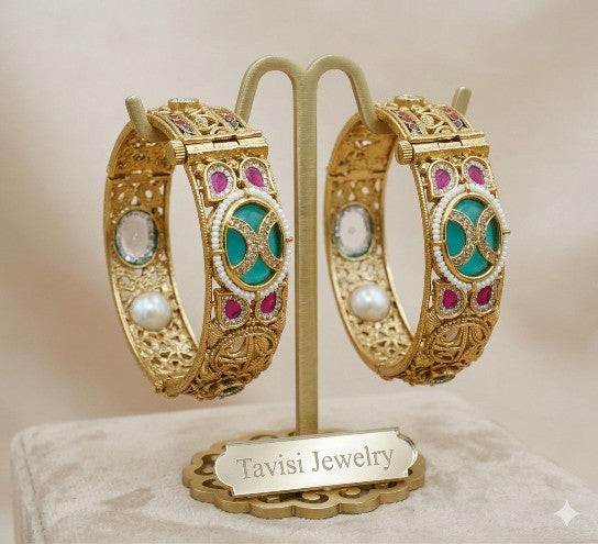 Front view of Tavisi Rajwadi Kundan gold plated bangles with mini CZ stones for women