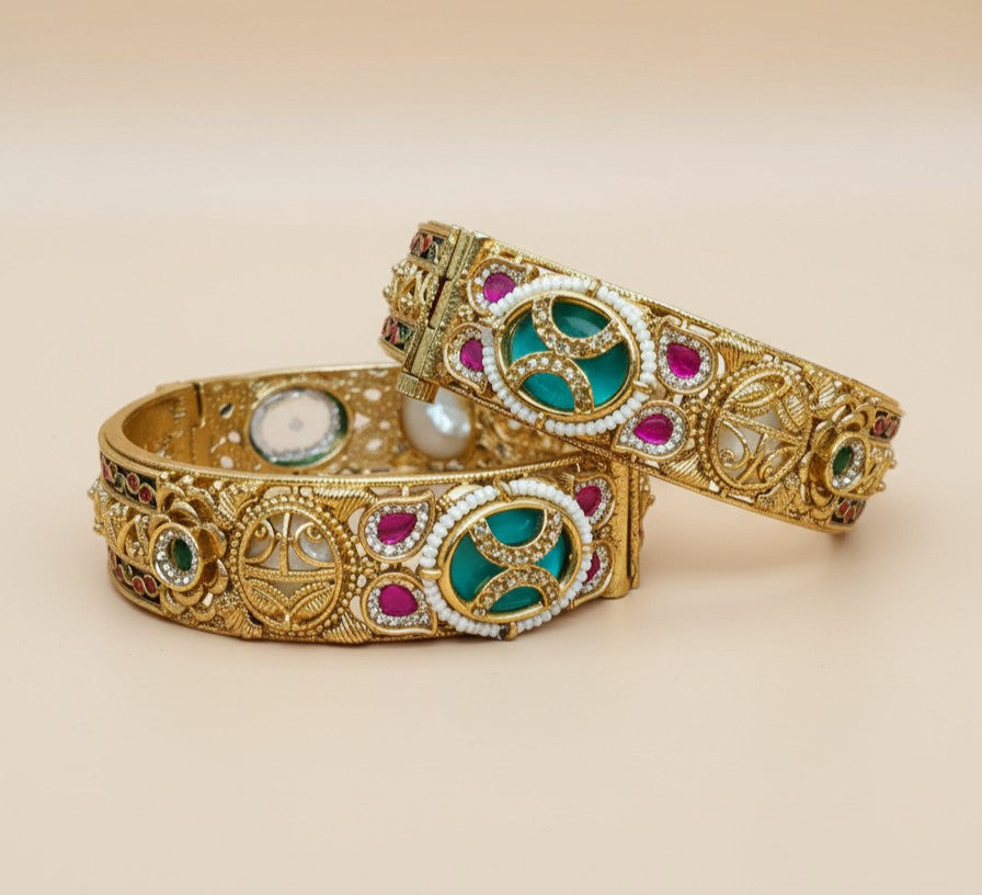 Front view of Tavisi Rajwadi Kundan gold plated openable bangles with mini CZ stones for women