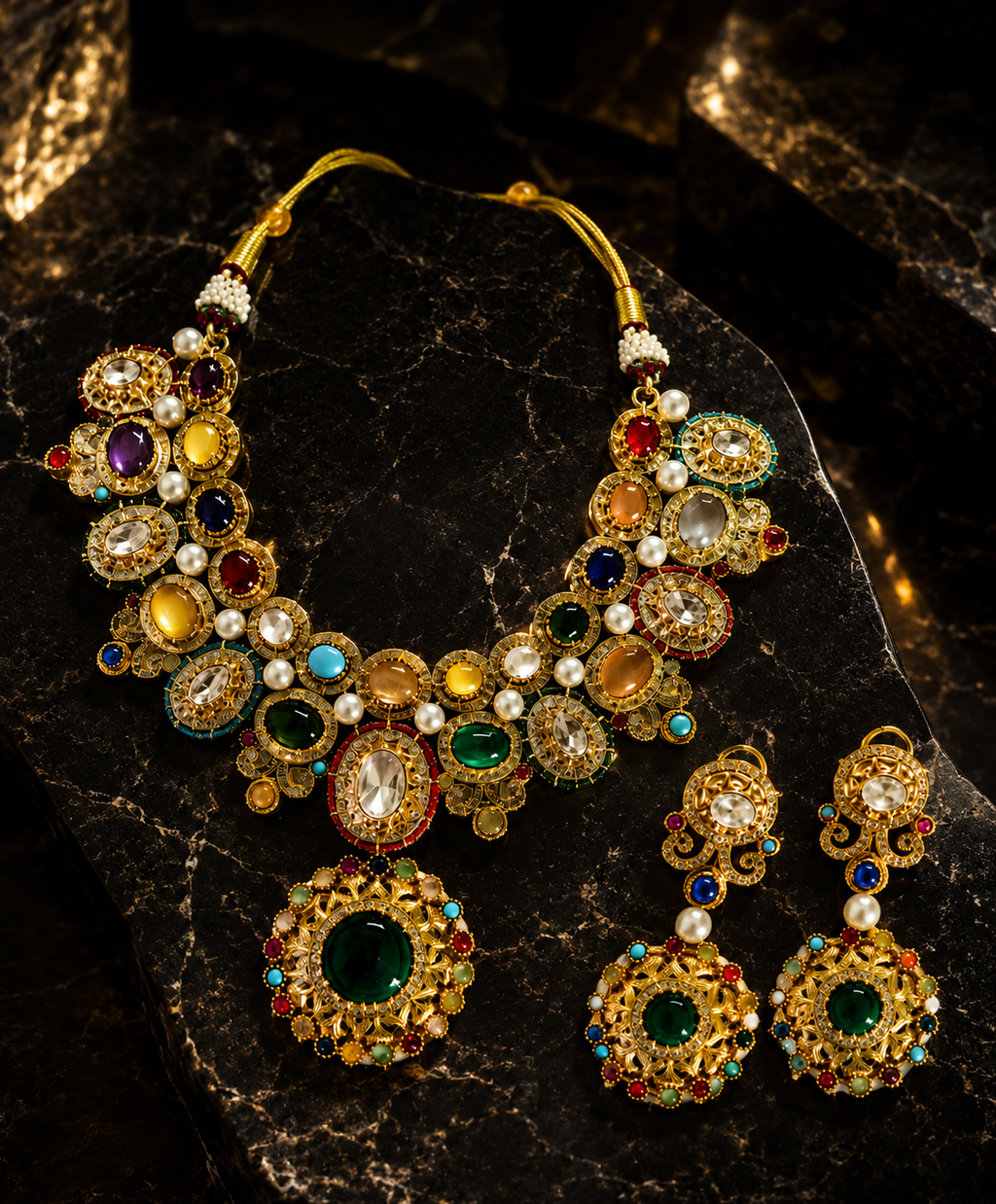 Close-up of Tavisi Regal Mosaic necklace with moissanite polki, Kundan work, emerald stones and premium gold finish.