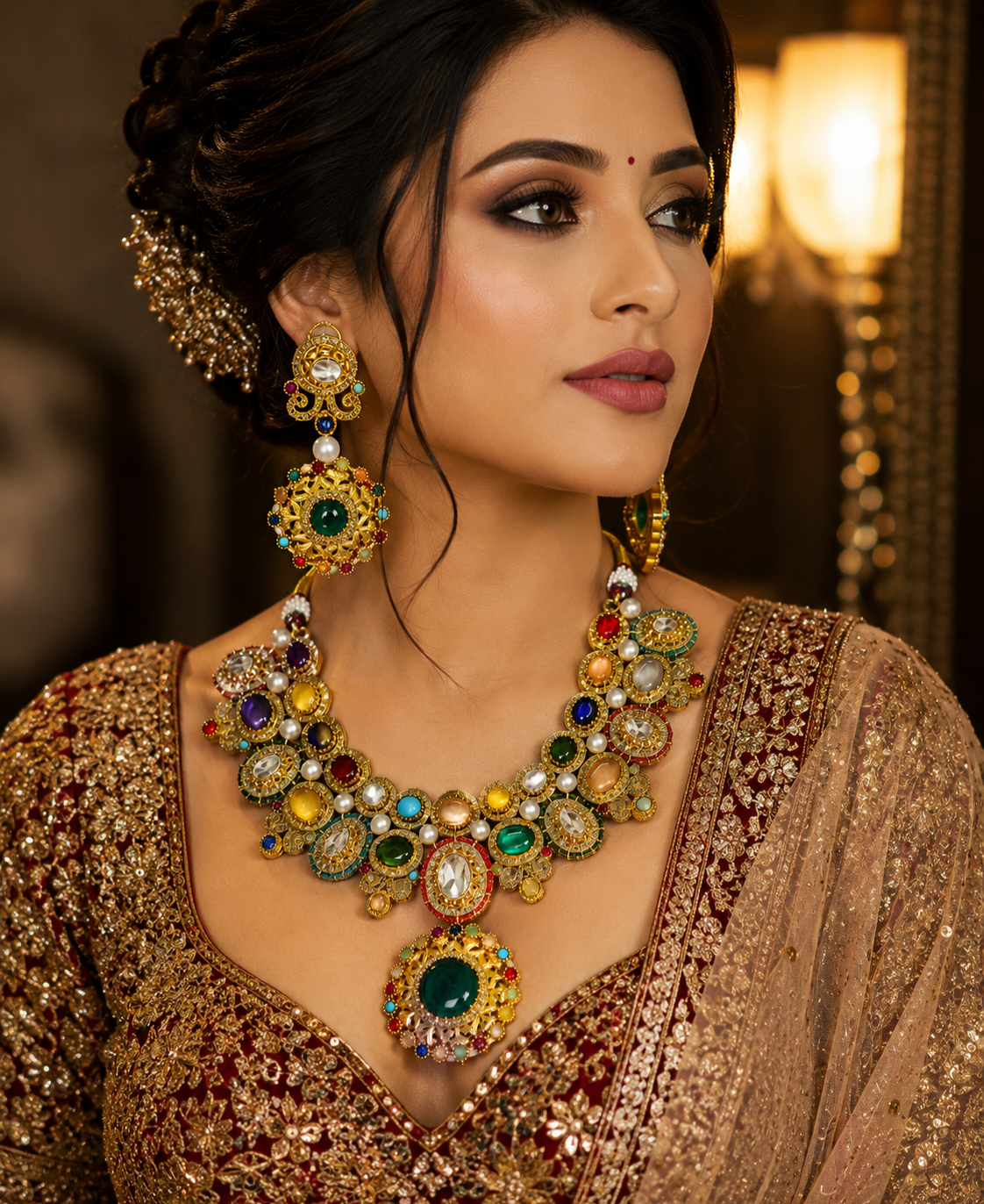 Woman wearing Tavisi Regal Mosaic moissanite bridal necklace set with Kundan, emeralds, rubies and premium gold finish.