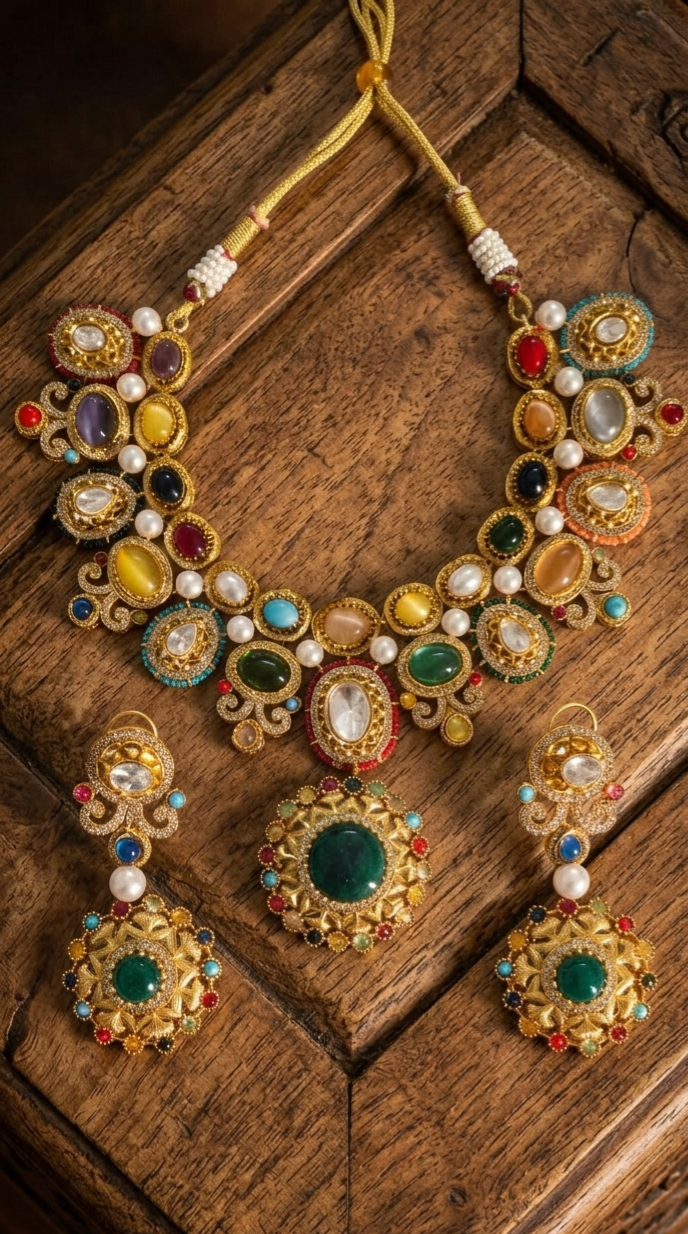 Close-up of Tavisi Regal Mosaic necklace with moissanite polki, Kundan work, emerald stones and premium gold finish.