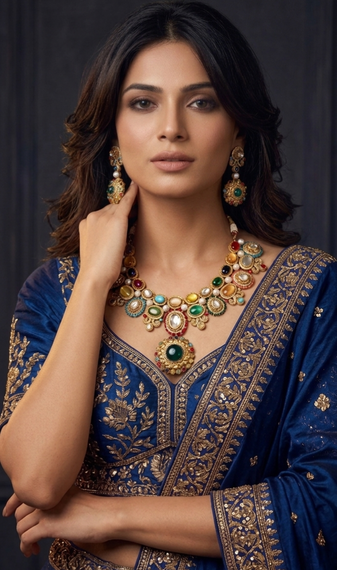 Woman wearing Tavisi Regal Mosaic moissanite bridal necklace set with Kundan, emeralds, rubies and premium gold finish.