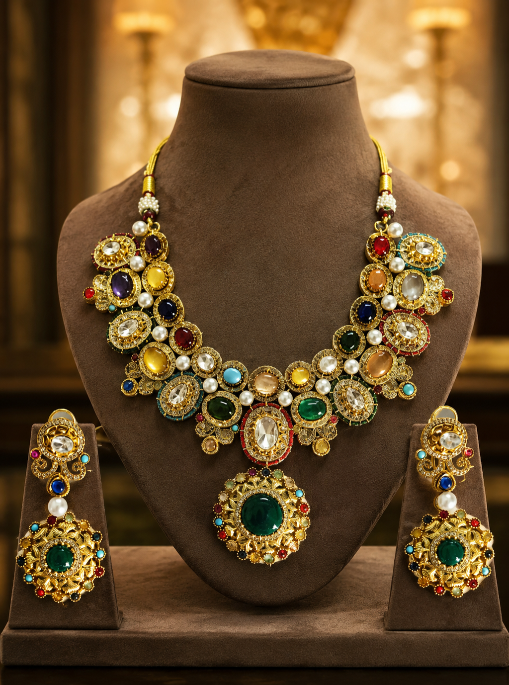 Tavisi Regal Mosaic moissanite necklace set with Kundan, synthetic emeralds, rubies, semi-precious beads and premium gold finish.
