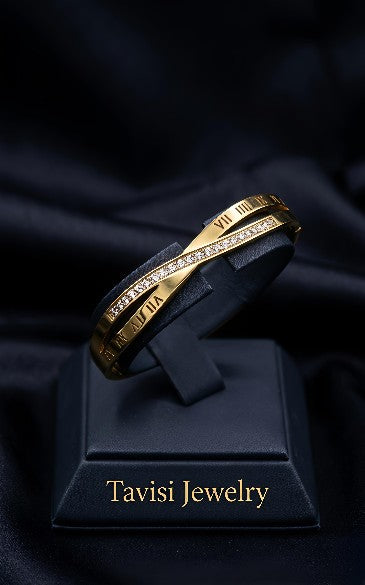 Tavisi Roman numeral bracelet size 2.2 with AD stones in 316L surgical stainless steel and 22K gold plated anti tarnish finish, waterproof lightweight bracelet for women
 