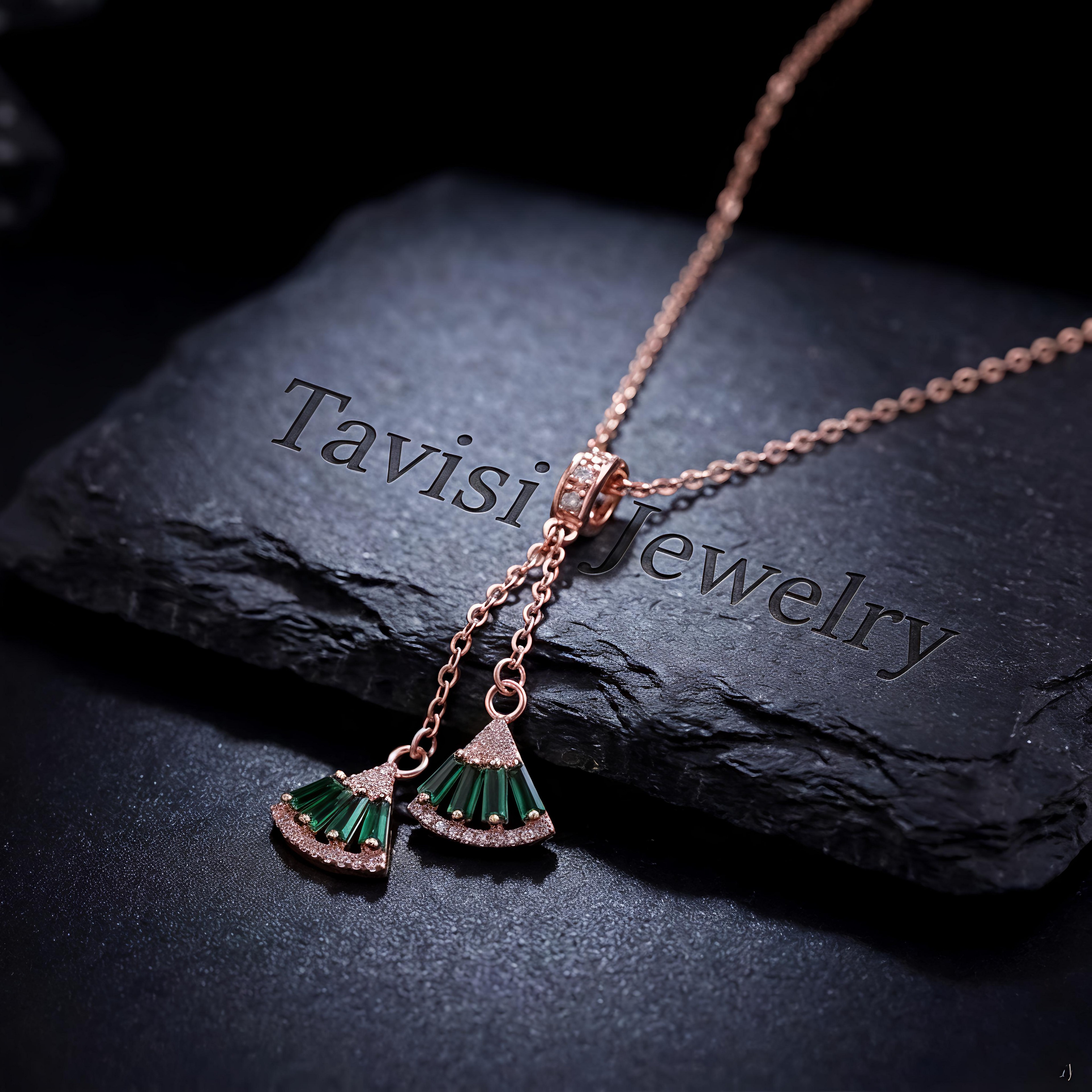 Premium Tavisi rose gold waterproof necklace with emerald green stones and long lasting AD stone shine