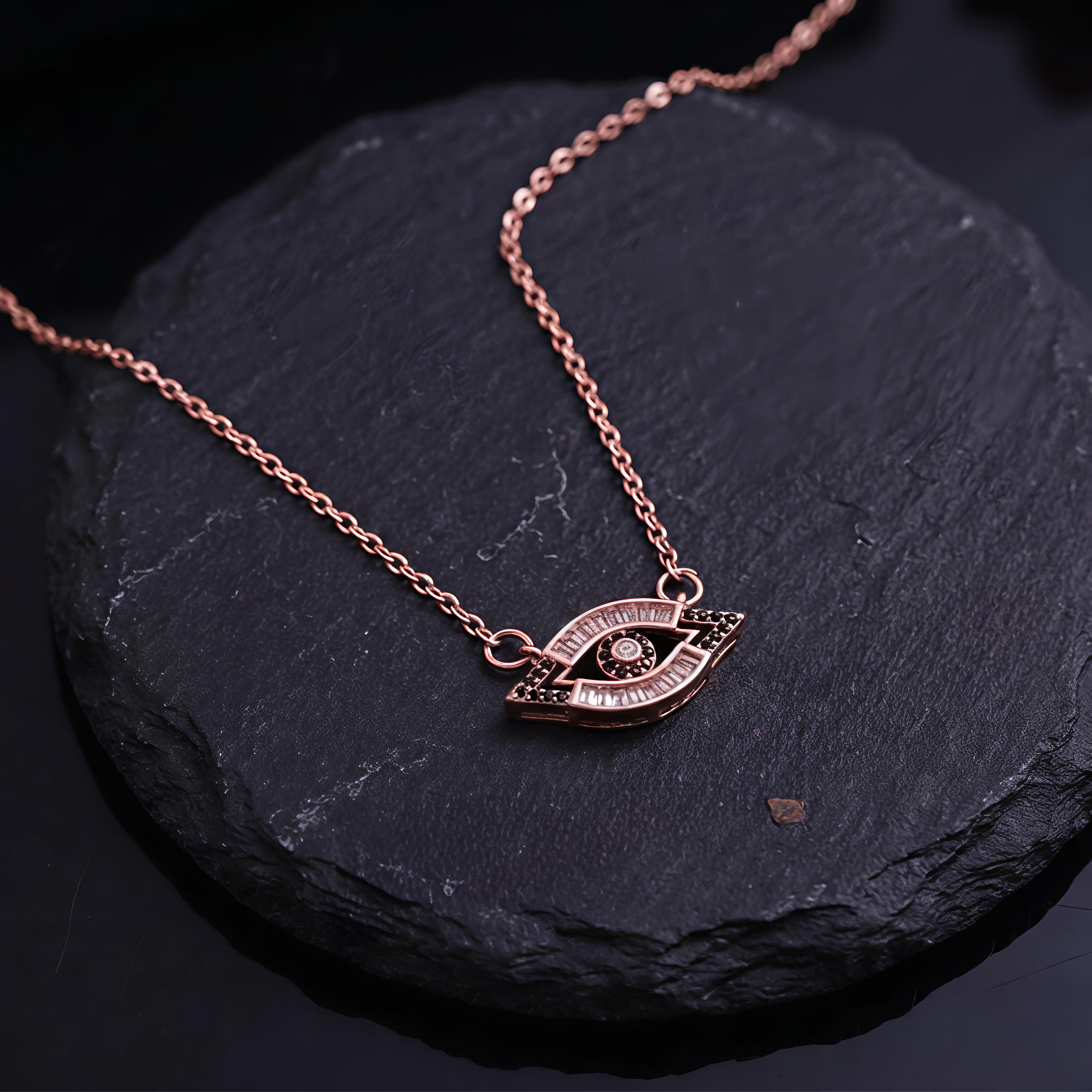 Premium Tavisi rose gold waterproof eye pendant necklace with long lasting AD stone shine