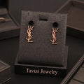 Tavisi rose gold monogram drop earrings with 18K rose gold plating and anti tarnish finish for women