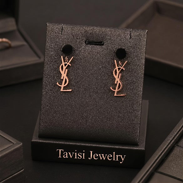 Tavisi rose gold monogram drop earrings with 18K rose gold plating and anti tarnish finish for women