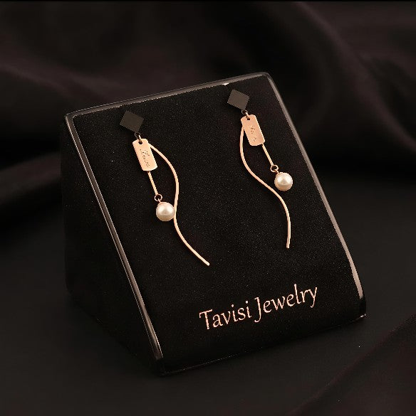 Tavisi rose gold pearl wave drop earrings with 18K rose gold plating and anti tarnish finish for women