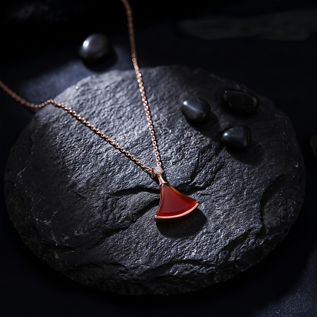 Premium Tavisi ruby red pendant necklace with 18K rose gold plating and 316L surgical stainless steel long lasting finish