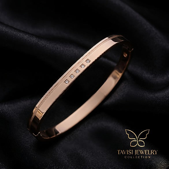 Tavisi Rose Gold Shine Line open free size anti tarnish stainless steel kada for women with CZ stones and long lasting shine
