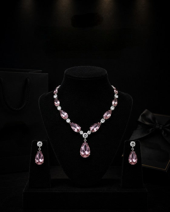 Tavisi Rose Pink AD CZ White Stone Necklace Earrings Set Model Wear Premium Brass Casting Luxury Jewellery with Long Lasting Shine for Everyday Luxury