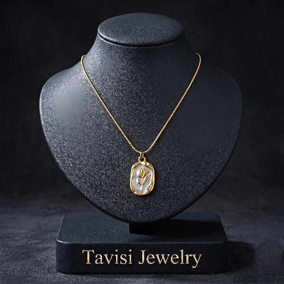 Tavisi Roselle Bloom Pendant Necklace crafted with Premium 316L Surgical Grade Stainless Steel featuring rose floral pendant and long lasting 18K gold plated finish
