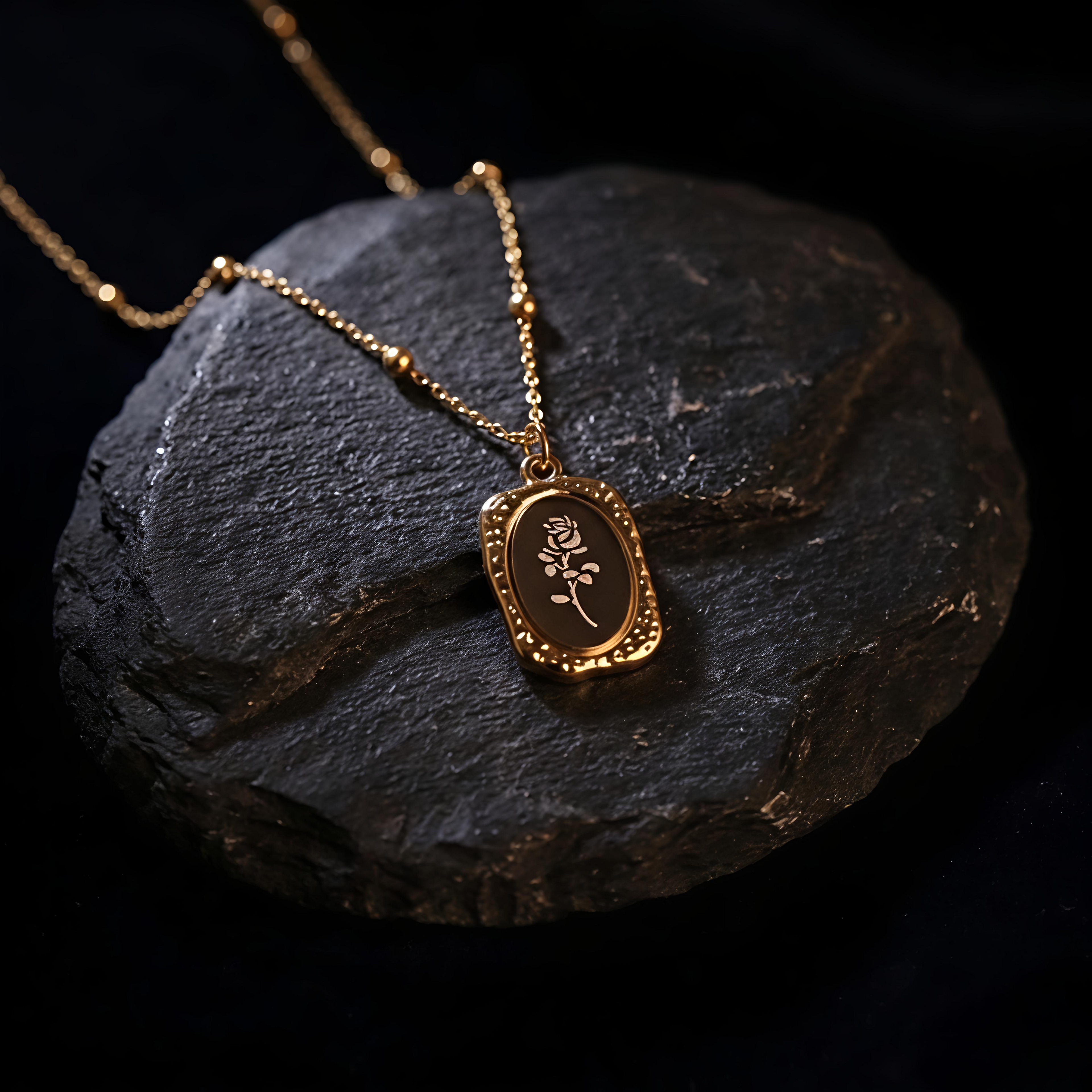 Close-up view of Tavisi Roselle Bloom Pendant Necklace showcasing the floral rose pendant design and anti tarnish gold plated craftsmanship