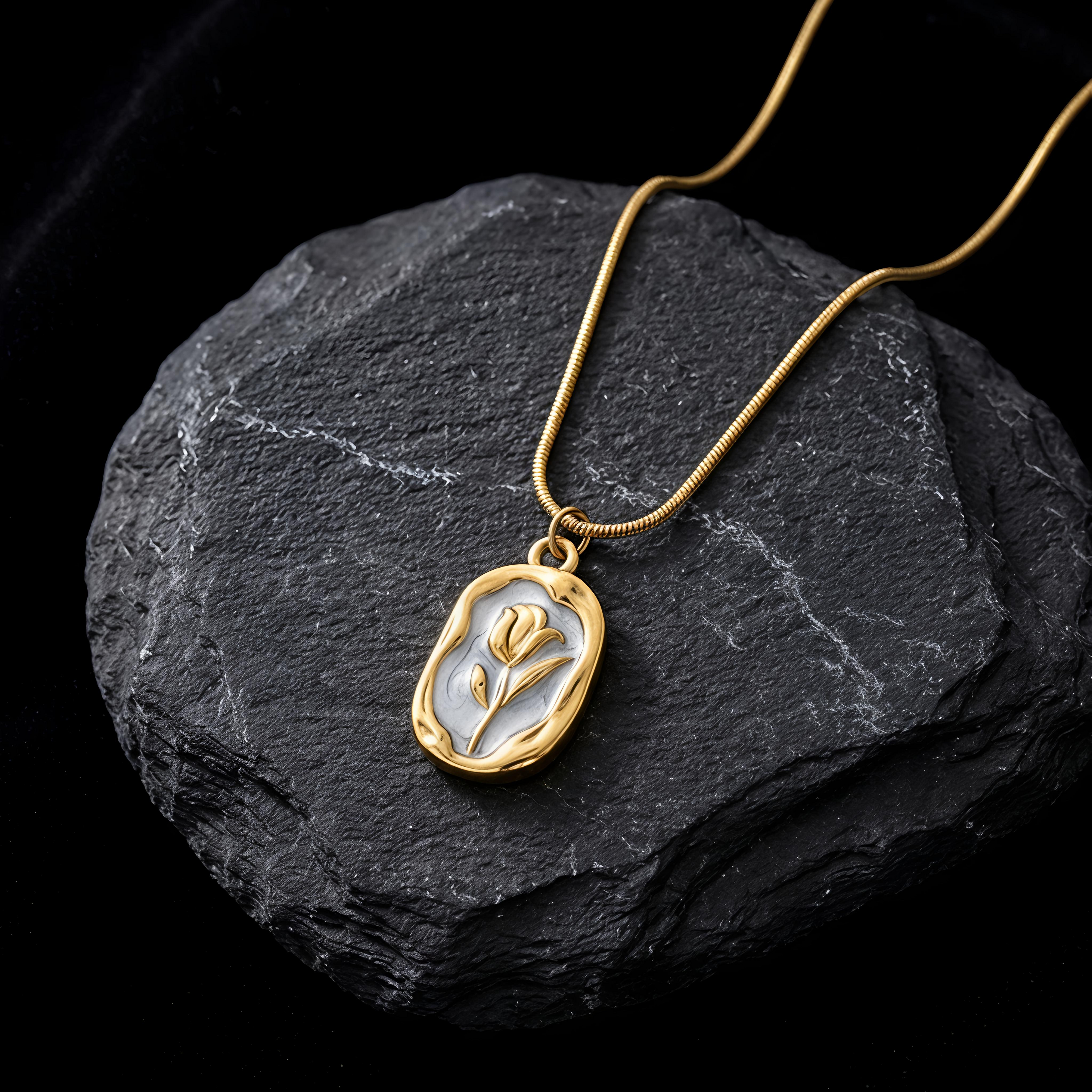 Close-up view of Tavisi Roselle Bloom Pendant Necklace with elegant floral design anti tarnish waterproof gold plated stainless steel finish