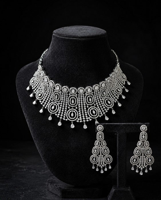 Tavisi Royal AD CZ stone brass choker necklace and earrings set