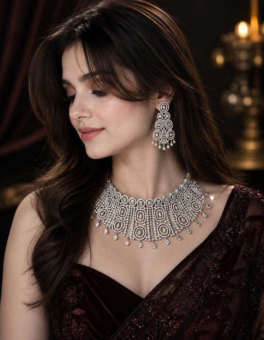 Tavisi Royal AD CZ stone bridal choker necklace set with earrings