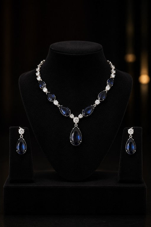 Tavisi Royal Blue AD CZ White Stone Necklace Earrings Set Premium Brass Casting Luxury Jewellery with Long Lasting Shine for Everyday Luxury
