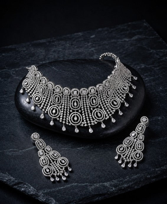 Tavisi Royal brass choker with AD CZ stones and matching earrings