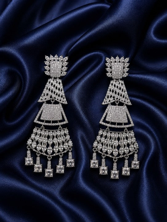 Woman wearing Tavisi Royal Cascade AD CZ Premium Brass Silver Finish Long Statement Earrings