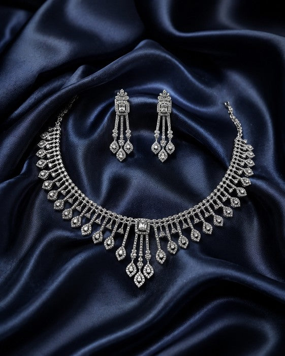 Female model wearing Tavisi Royal Cascade AD CZ Premium Brass Statement Necklace Set with Matching Earrings