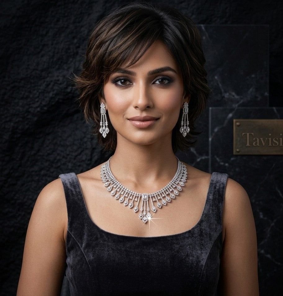 Woman wearing Tavisi Royal Cascade AD CZ Premium Brass Silver Finish Statement Necklace Set with Matching Earrings