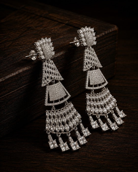 Tavisi Royal Cascade AD CZ Premium Brass Silver Finish Long Statement Earrings for Women