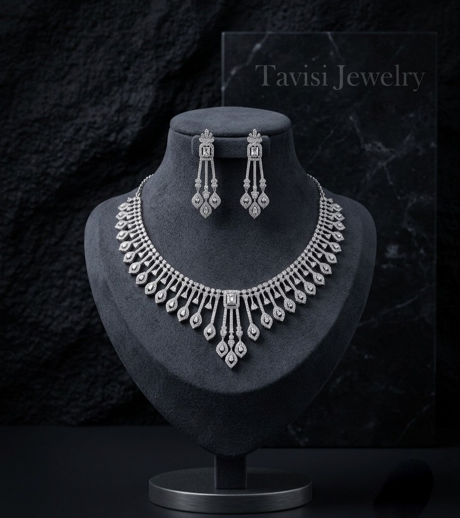 Tavisi Royal Cascade AD CZ Premium Brass Silver Finish Statement Necklace Set with Matching Earrings