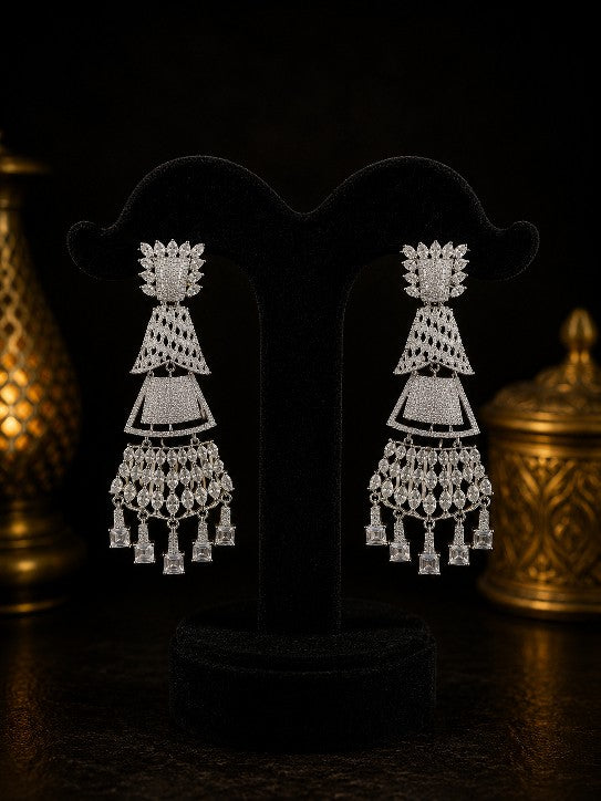 Tavisi Royal Cascade AD CZ Premium Brass Silver Finish Long Statement Earrings for Women