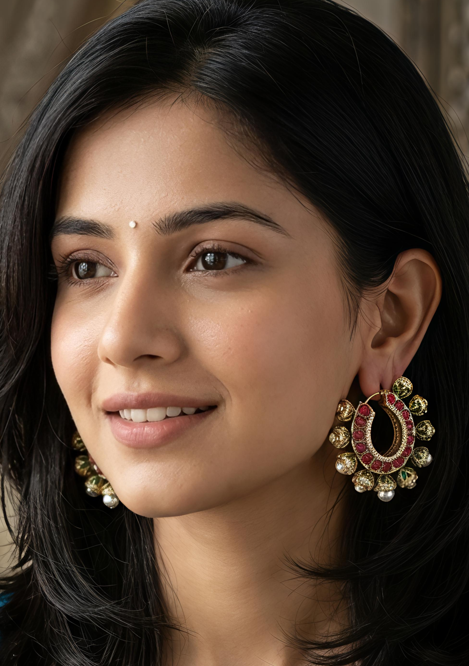Model wearing Tavisi royal Kundan hoop earrings with pearls, AD, CZ, and meenakari detailing in antique gold finish