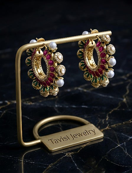 Royal Tavisi hoop earrings with Kundan stones, pearls, AD, CZ, and meenakari detailing in antique gold finish