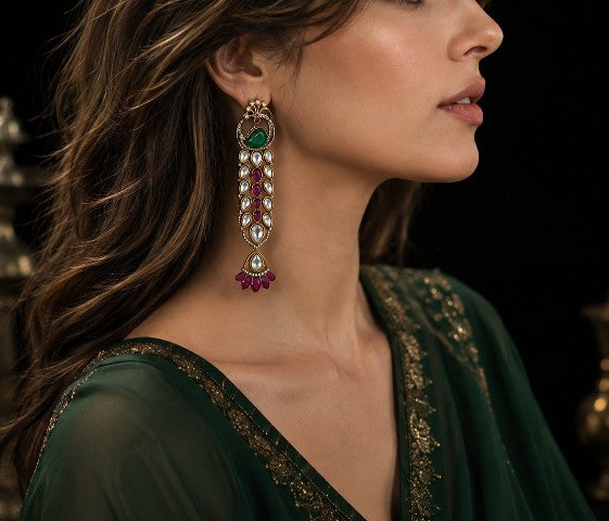 Tavisi Royal Mayoor Vintage Kundan Peacock Earrings in Premium Brass Gold Plated Finish