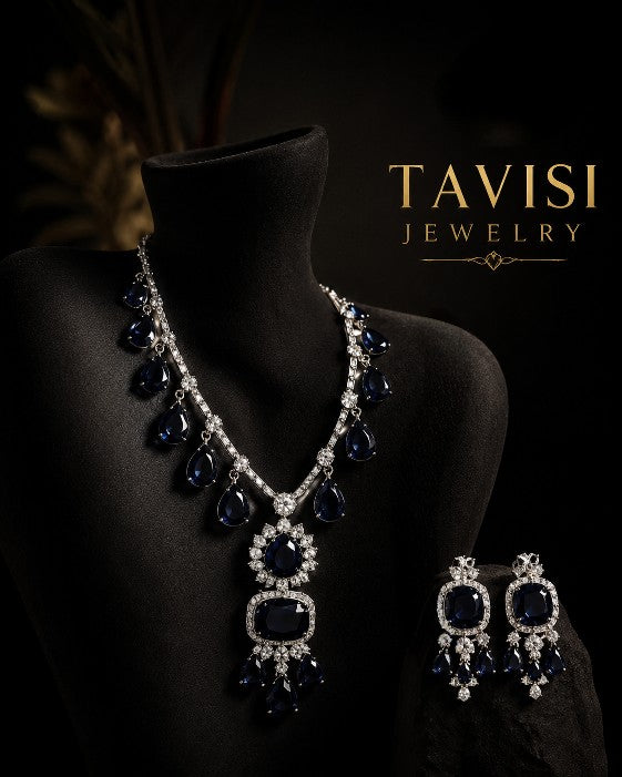 Tavisi Royal Navy Blue AD CZ White Stone Necklace Set Premium Brass Casting Jewellery 