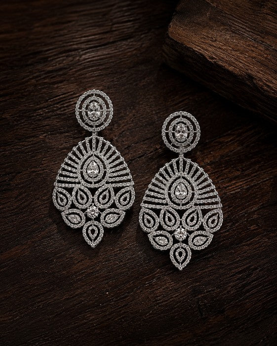 Female model wearing Tavisi Royal Radiance Premium Brass AD CZ Designer Statement Earrings