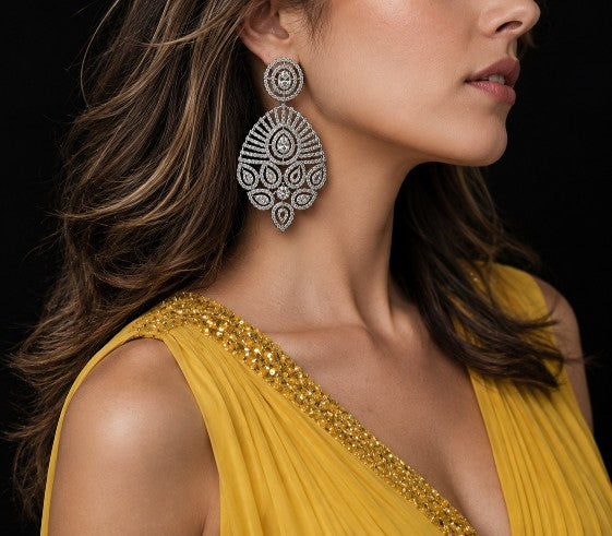 Woman wearing Tavisi Royal Radiance AD CZ Premium Brass Silver Finish Statement Earrings