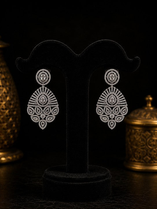 Tavisi Royal Radiance AD CZ Premium Brass Silver Finish Statement Earrings for Women