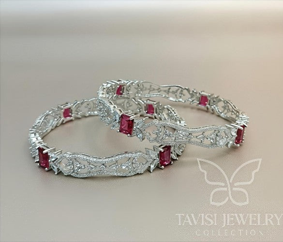 Angle view of Tavisi royal ruby CZ silver polish bangle for women with anti tarnish finish
